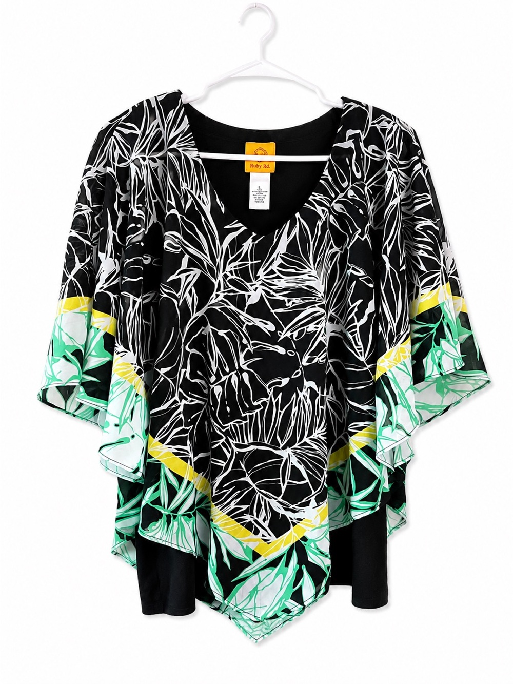Ruby Rd. Black White Floral Poncho Top with Green and Yellow Accents